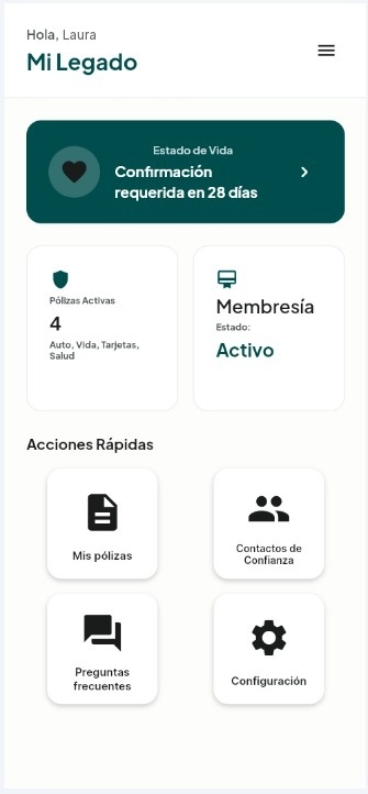 Pantalla de inicio de Mi Legado con el estado de vida, pólizas activas y membresía