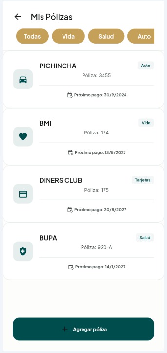 Lista de pólizas por aseguradora, número y próximo pago